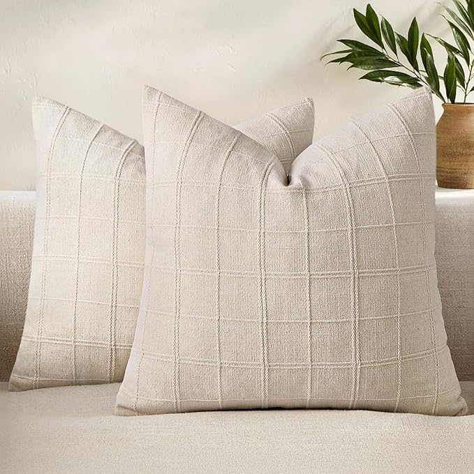 Woaboy Linen Check Throw Pillow Covers Set of 2 - Natural Beige Farmhouse Modern Boho Vintage Decorative Cushion Covers for Sofa Couch Bedroom Living Room Decor 20x20 Inch