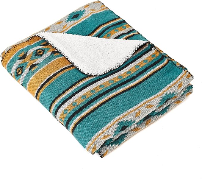 Aztec Patterned Throw Blanket with Soft Sherpa Lining, Traditional Southwestern Navajo Tribal Style Warm Throw for Camping, Outdoor, Light Weight Cozy Boho Blanket for Couch, Sofa, Bed, 60”x80”, Teal