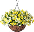 Artificial Flowers with Hanging Planter for Outdoor Decor, Faux Silk Daisy UV Resistant Plants in Basket for Indoor Porch Garden Yard Spring Summer Decor(Yellow)