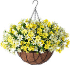 Artificial Flowers with Hanging Planter for Outdoor Decor, Faux Silk Daisy UV Resistant Plants in Basket for Indoor Porch Garden Yard Spring Summer Decor(Yellow)