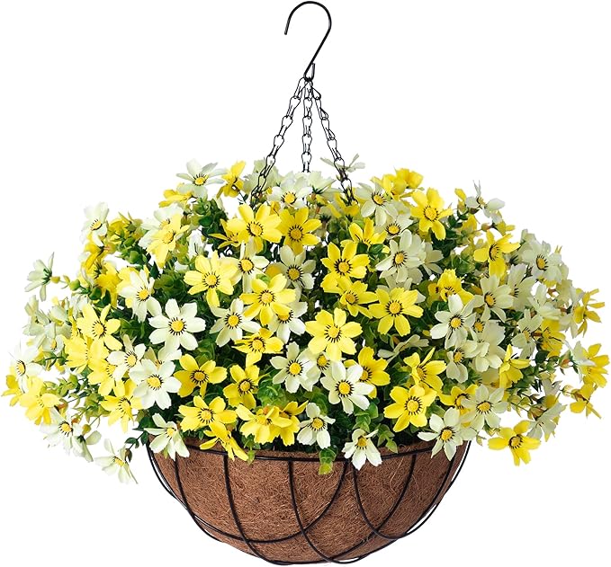 Artificial Flowers with Hanging Planter for Outdoor Decor, Faux Silk Daisy UV Resistant Plants in Basket for Indoor Porch Garden Yard Spring Summer Decor(Yellow)