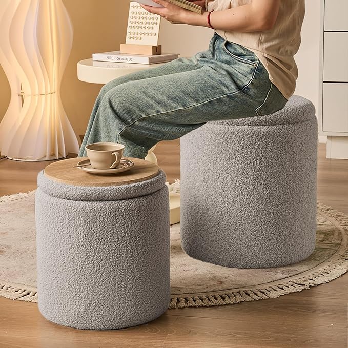Round Ottoman with Storage Set of 2 - Upholstered Sherpa Vanity Stool for Makeup Multifunctional Ottomans Coffee Table Padded Seat Foot Rest for Living Room & Bedroom (Sherpa Gray)
