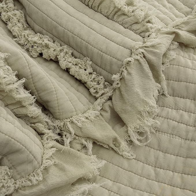 Ultra Soft Pre-Washed Quilted Boho Sage Green Twin Size Blankets for Bed, Olive Green Ruffle Fringed Decorative Throw, Stone Washed Chic Rustic Blanket for Sofa Couch Bed, 60"*80"