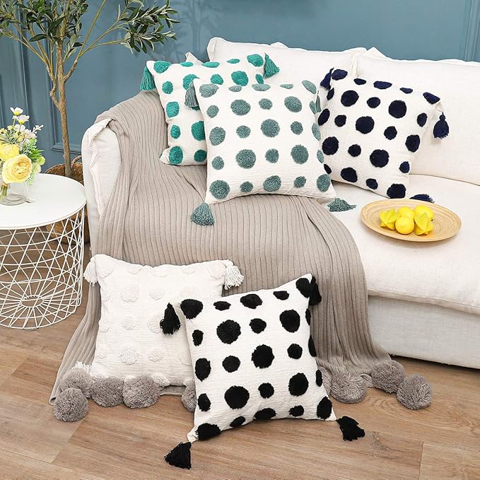 PLWORLD Boho White Throw Pillow Cover 20x20 Inch with Tassels, Pom Pom Tufted Decorative Cream Chenille Fabric Accent Textured Cushion Case for Bed Couch, 1 PC Cover Only No Insert