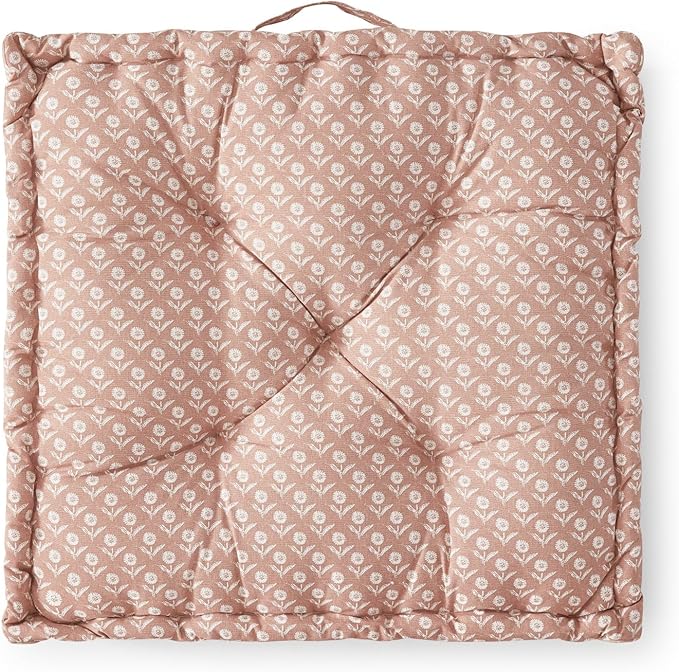 Peri Home Floor Pillow for Adults, Square, Oversized, 100% Cotton Large Floor Cushion Seating, Block Floral Printed and Tufted, 24x24, Pink