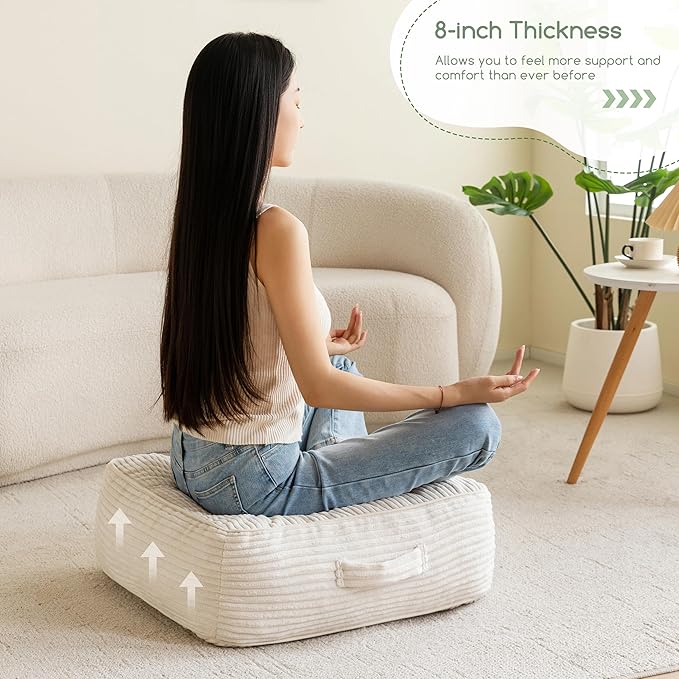 HIGOGOGO 8" Extra Thick Floor Pillow Cushion for Adults, Meditation Cushion Pillow, Large Square Floor Sitting, Tufted Corduroy Cover, for Tatami Living Room or Yoga, 22x22 Inch, 2Pack, Beige