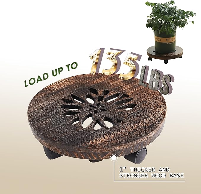 12" Plant Caddy Plant Stand with Wheels Rolling Plant Stand Heavy Duty Wood Plant Caddy, Heavy Duty Rolling Planter With Lockable Wheels Indoor Outdoor Potted Plant Roller Base Stand,Patio,Flower Pot