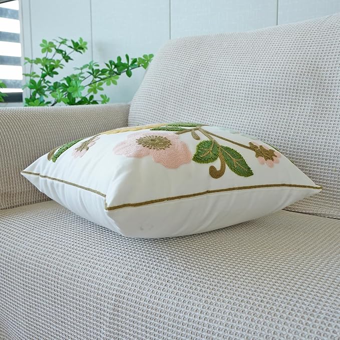 vctops Floral Embroidered Pillow Covers 18x18 Inch Spring Summer Cotton Tufted Throw Pillow Cover Outdoor Garden Cushion Case for Sofa, Bed, Living Room (Flower F,18"x18")