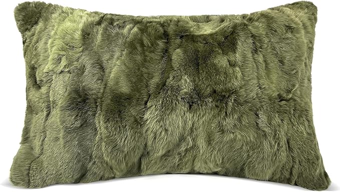 MOOX Rabbit Fur Throw Pillow Covers Decorative Fluffy Soft Fuzzy Plush Luxury Genuine Animal Skin Lumbar Pillow 12"x20" Cushion Cover, Sofa, Dark Green
