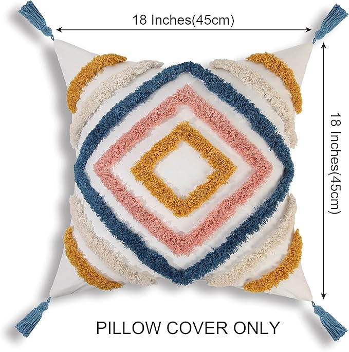 JASEN Boho Throw Pillow Covers, Woven Tufted Decorative Pillow Covers with Tassel Diamond Pattern Pillow Covers for Couch Sofa Bedroom Living Room No Pillow Insert, (Blue, 18 x 18-Inch)