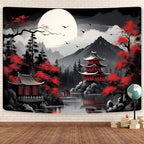 Mountain Forest Nature Tapestry for Bedroom, Black and White Moon Landscape Wall Hanging, Tree Sunset Dark Large Asia Japanese Tapestries Aesthetic Anime Art Decor for Living Room College Dorm, 80x60