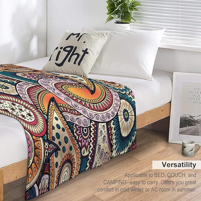 Indian Boho Throw Blanket Mandala Design Colorful Bohemian Floral Paisley Blanket for Sofa Bed Couch Chair Or Dorm 50"x60"