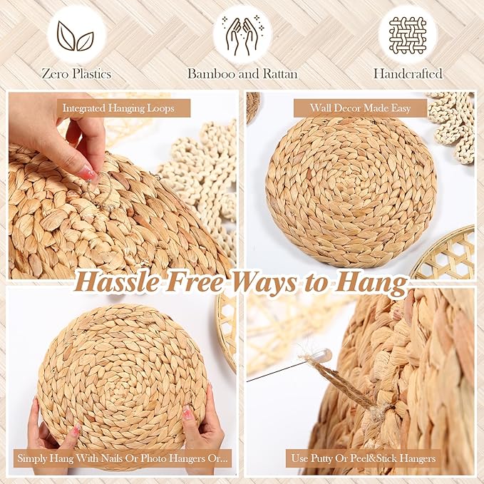Hushee 7 Pcs Boho Wall Basket Decor, Seagrass Woven Round Bohemian Hanging Basket for Wall Handmade Hanging Rustic Flat Art Decor for Farmhouse Bedroom Living Room Display Table Settings Kitchen Home