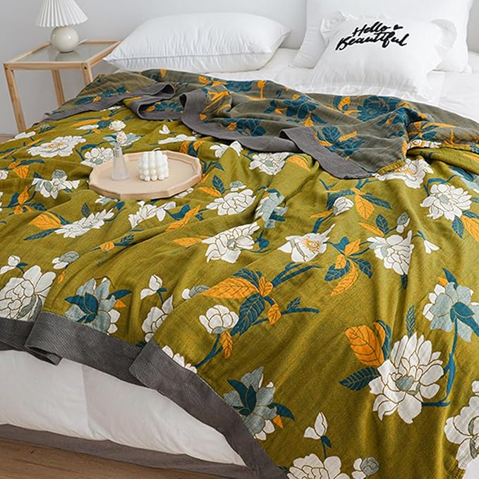 Boho Throw Blanket for Bed - 100% Pure Cotton Ultra Soft Rustic Quilt - Farmhouse Decor Bed Blankets, All Season Rustic Throw for Sofa Couch Chair(80''x 90'', Flower Branch)