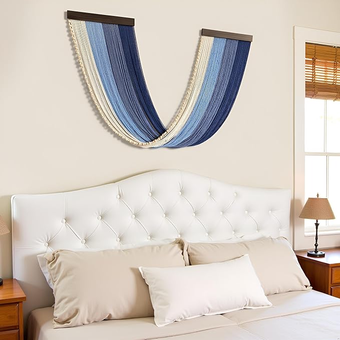 guzhiou Large Macrame Wall Hanging, Boho Wall Tapestry Decor, Fiber Wall Art Background Decor for Living Room Bedroom - Modern Craftsmanship Headboard (Blue)