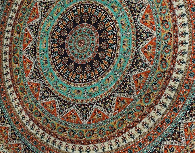 Popular Handicrafts Wall Hanging Tapestry for Bedroom Hippie Psychedelic Mandala Bohemian Hippy Intricate Floral Indian Tapestries Dorm Decor 84 x 90 Inches (215cm x 230cm) Green Orange Black