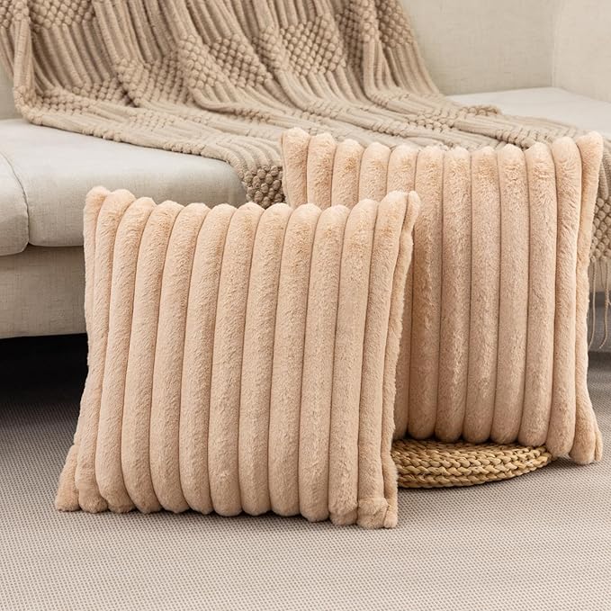 ZLINA Set of 2 Apricot Faux Fur Decorative Throw Pillow Covers Fluffy Striped Pillowcase Cushion Covers 16 x 16 Inch Decor Sofa Couch Bedroom