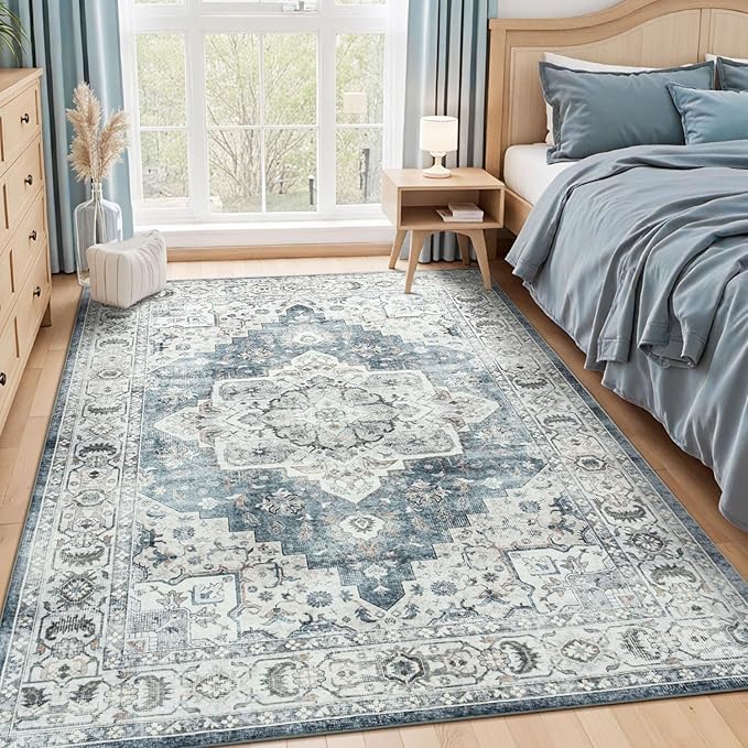 Lessymo Vintage Medallion Rug for Living Room 5x7, Machine Washable Area Rugs for Bedroom Dining Room Under Table, Soft Low Pile Carpet with Non Slip Backing, Blue Grey/Beige