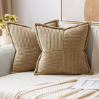 MIULEE Khaki Corduroy Decorative Euro Sham Pillow Covers 24x24 Inch with Splicing Set of 2 Soft Boho Pillow Covers Broadside Textured Pillowcases for Couch Bed Livingroom