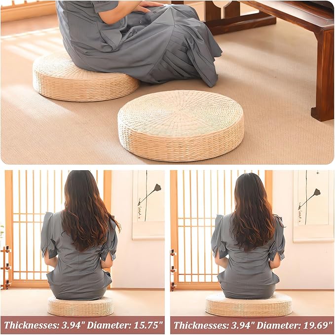 Round Woven Floor Pillow Natural Seat Cushion, Straw Flat Seat Cushion, Handmade Floor Pouf Mat, Ottoman Footstool for Meditation, Zen, Yoga Practice or Buddham (15.74" Dia. x 3.94" H)