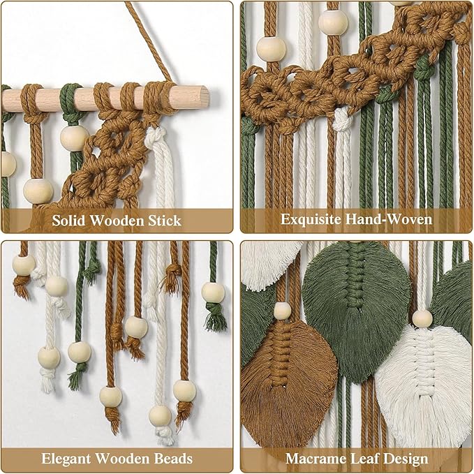 Weldomcor Macrame Wall Hanging Boho Leaf Woven Tapestry, Bohemian Chic Home Decor Modern Handmade Leaves Feather Wall Art Decorations for Bedroom Living Room Apartment Ornament 16.5" W X 31.5" L
