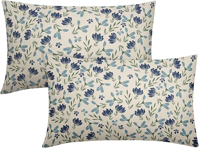 Green Teal Navy Blue Floral Pillow Covers 12x20 Set of 2 Vintage Rustic Old Style Cute Small Flower Print Rectangle Decorative Outdoor Pillowcases Throw Cushion Case Decor for Couch Sofa Bed