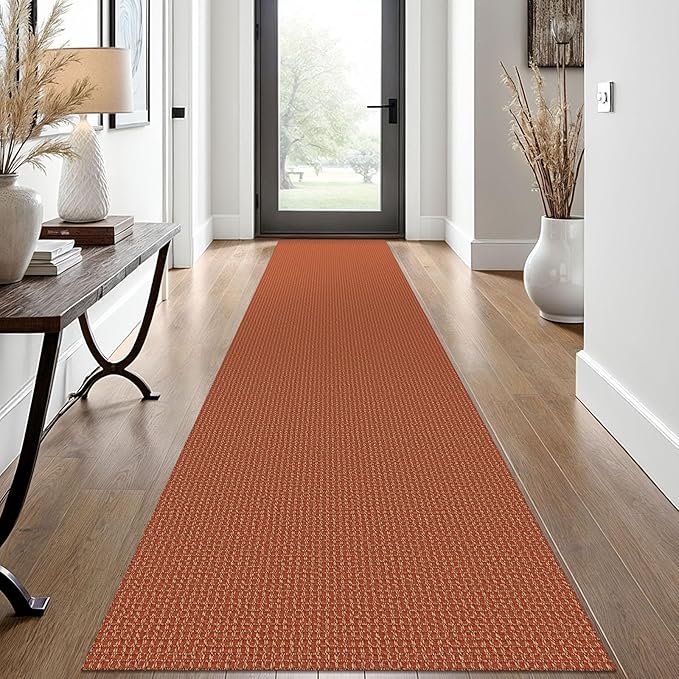 EARTHALL Woven Runner Rug 2x12 Ft Washable Runners for Hallways Extra Long Cotton Non Slip Rubber Backed Kitchen Runner Braided Indoor Floor Carpet for Entryway, Hall, Kitchen, Rustic Orange/Tan