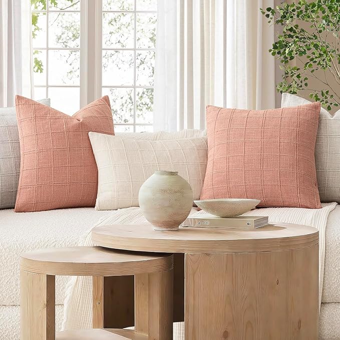 Foindtower Set of 2 Decorative Linen Check Throw Pillow Covers Neutral Farmhouse Vintage Cushion Covers Modern Boho Accent Home Decor for Sofa Chair Couch Bedroom Living Room,22×22 Inch,Coral Pink