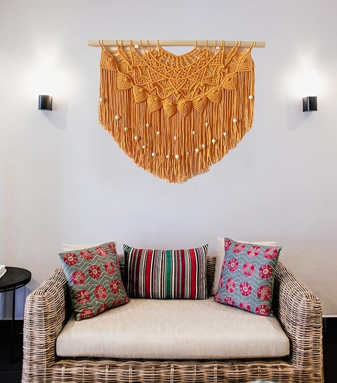 Youngeast Large Macrame Wall Hanging Boho Beaded Curtain for Window Macrame Bedroom Headboard Living Room Wall Art Tassel Tapestry Bohemian Woven Wall Decor 31" W X 25" H (Orange)