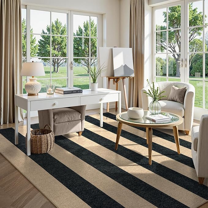 Lahome Elance Striped Easy Jute Outdoor Rug, Washable Rugs 8x10 for Living Room Patio Indoor Outdoor Black Carpet, Farmhouse Neutral Non Slip Non Shedding Floor Carpet for Office Sunroom Dining Room