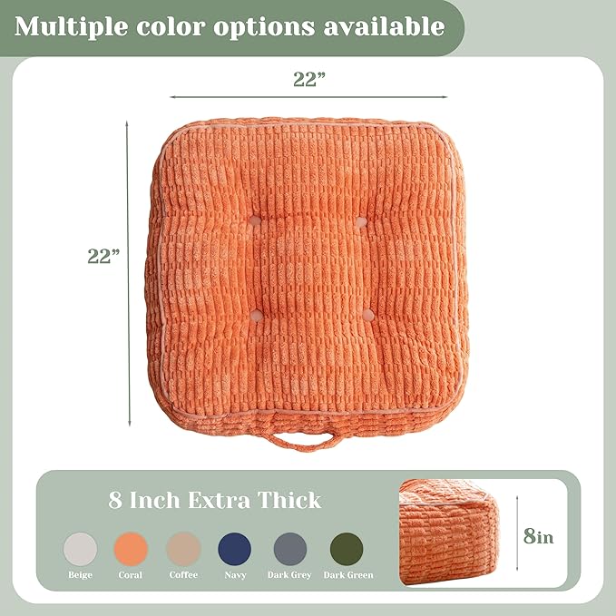 8" Washable Floor Pillow Cushion for Adults, Meditation Cushion Pillow, Removable Tufted Blended Corduroy Cover, Large Square Floor Sitting for Tatami Living Room or Yoga, 2Pack, Machine Washable