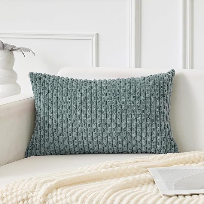 Kevin Textile 14x24 Inch Pillow Cover 1 Pack Boho Decorative Soft Striped Corduroy Lumbar Farmhouse Color Accent Rectangle Cushion Case for Living Room Couch Sofa Bed, Teal Green