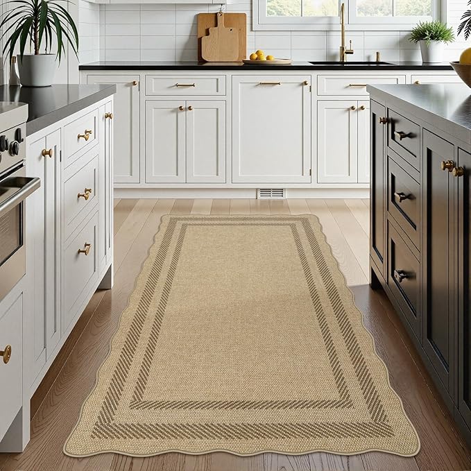 LIVEBOX Scalloped Easy Jute 3x5 Outdoor Rug, Washable Non-Slip Geometric Tan Rugs for Entryway, Indoor Outdoor Farmhouse Rug Modern Carpet Door Mat Area Rug for Patio Bedroom Living Room Kitchen Porch