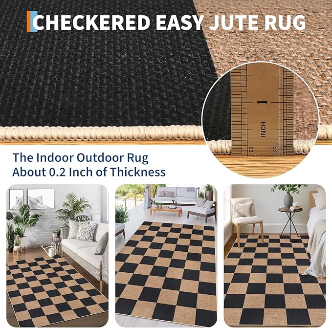 GarveeHome Checkered Easy Jute 3x5 Entryway Rug Machine Washable Outdoor Patio Rug Non-Slip Backing Checkerboard Black Tan Indoor Outdoor Carpet for Hallway Bathroom Kitchen Bedroom