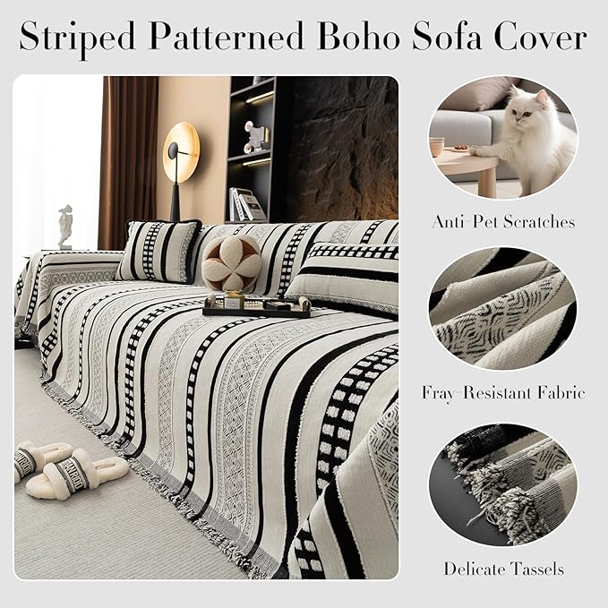 Striped Couch Cover Blankets, Boho Couch Covers, Sofa Blanket Cover for Dogs, Large Couch Covers for 3-4 Cusion Sofa, Chenille Sofas Covers Washable Sectional(1pc/Black/71 x 150")