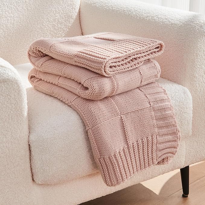 CozeCube Check Knit Throw Blanket, Pink Checkered Throw for Couch, Decorative Christmas Soft Cozy Warm Knitted Blanket for Bed Sofa Living Room, 60"X80"