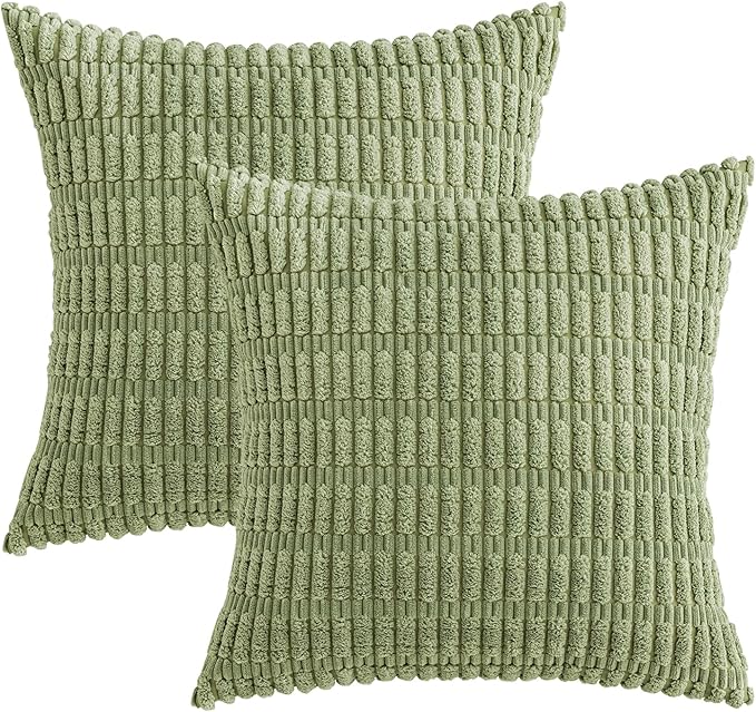 MIULEE Pack of 2 Spring Corduroy Decorative Euro Sham Throw Pillow Covers 24x24 Inch Soft Boho Striped Pillow Covers Modern Farmhouse Home Decor for Summer Sofa Living Room Couch Bed Sage Green