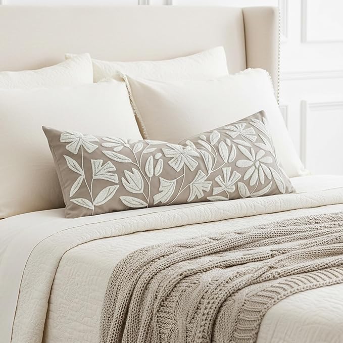 BlissBlush 14x36 Lumbar Pillow Cover for Bed, Taupe Rectangular Long Throw Pillowcase, Embroidered Velvet Floral Tufted Farmhouse Accent Cushion (Cover Only)