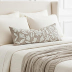 BlissBlush 14x36 Lumbar Pillow Cover for Bed, Taupe Rectangular Long Throw Pillowcase, Embroidered Velvet Floral Tufted Farmhouse Accent Cushion (Cover Only)