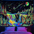 Zussun Blacklight Forest Tapestry for Bedroom Aesthetic Hippie Mountain Waterfall Tapestries Wall Hanging Glow in The Dark Moon and Stars Wall Tapestry for Living Room Dorm 80 × 60 Inch