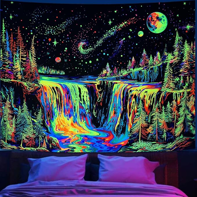 Zussun Blacklight Forest Tapestry for Bedroom Aesthetic Hippie Mountain Waterfall Tapestries Wall Hanging Glow in The Dark Moon and Stars Wall Tapestry for Living Room Dorm 80 × 60 Inch