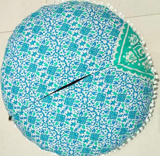 CRAFT KALA Mandala Floor Pillow Cushion Cover Seating Throw Cover Hippie Decorative Bohemian Ottoman Poufs Pom Pom Pillow Cases Boho Indian Cotton Living Room Home Décor 24" Round Set Of 2 Green Ombre