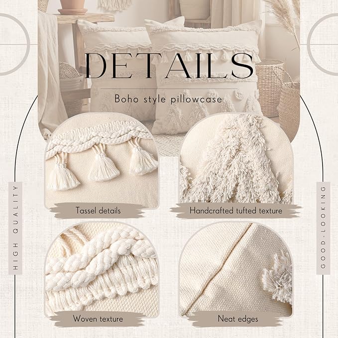 Tegeme 2 Pack Boho Throw Pillow Covers 18 x 18 Inch Tufted Textured Woven Farmhouse Decorative Pillowcases with Tassels Modern Neutral Cream Couch Pillows with Zipper for Sofa Bed Living Room