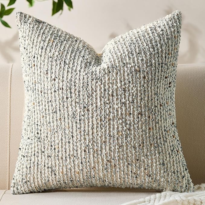 Decorative Couch Throw Pillow Covers 16x16 Cream Gray Striped Soft Wool Pillow Covers Neutral Textured Boho Cushion Covers for Modern Farmhouse Sofa Bedroom Living Room Decor SY011-B16