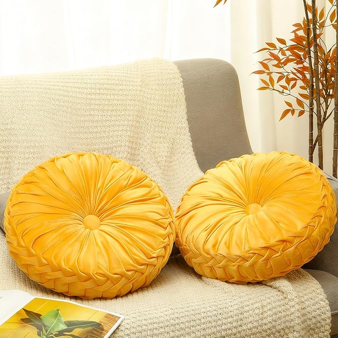 2 Pcs Round Throw Pillows 15 Inch Decorative Velvet Pleated Pumpkin Pillows Boho Floor Pillow with Center Button for Living Room Couch Chair Bed Sofa Home Decoration (Yellow)