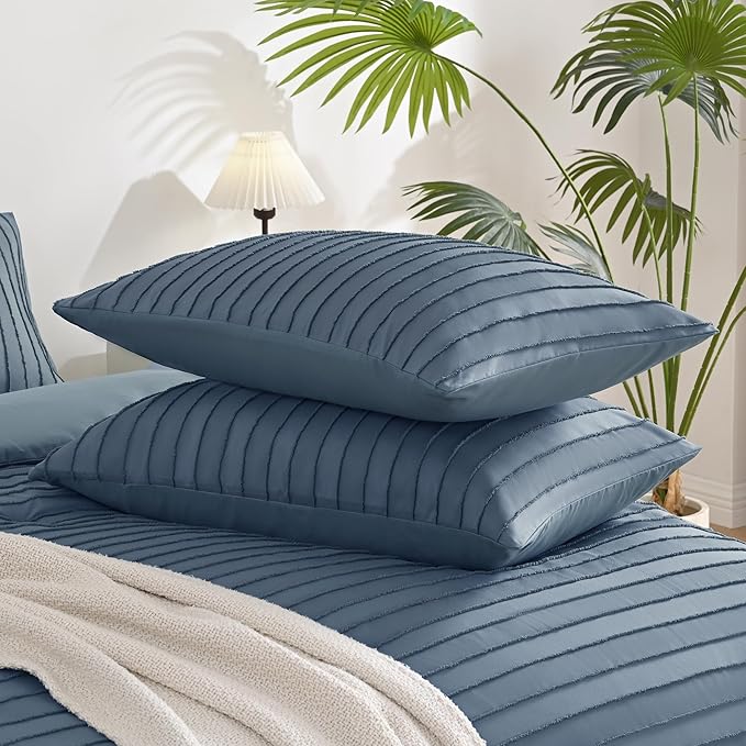 JELLYMONI Pillowcases King Size Blue 2 Pack Boho Striped Bed Pillow Covers 20x36in Polyester Envelope Pillow Shams Tufted Bohemian Textured (Pillows are not Included)