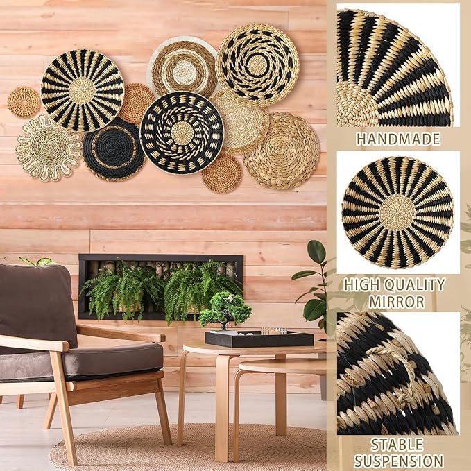 11 Pcs Boho Hanging Wall Basket Decor Handmade Woven Basket Wall Decorative Boho Wicker Baskets Placemats Round Farmhouse Bulrush Art for Rustic Home Decorations Christmas Gift(Assorted)