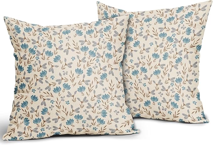Brown Blue Grey Floral Pillow Covers 20x20 Set of 2 Vintage Rustic Old Style Cute Small Flower Print Decorative Outdoor Pillowcases Farmhouse Throw Cushion Case Decor for Couch Sofa Bed
