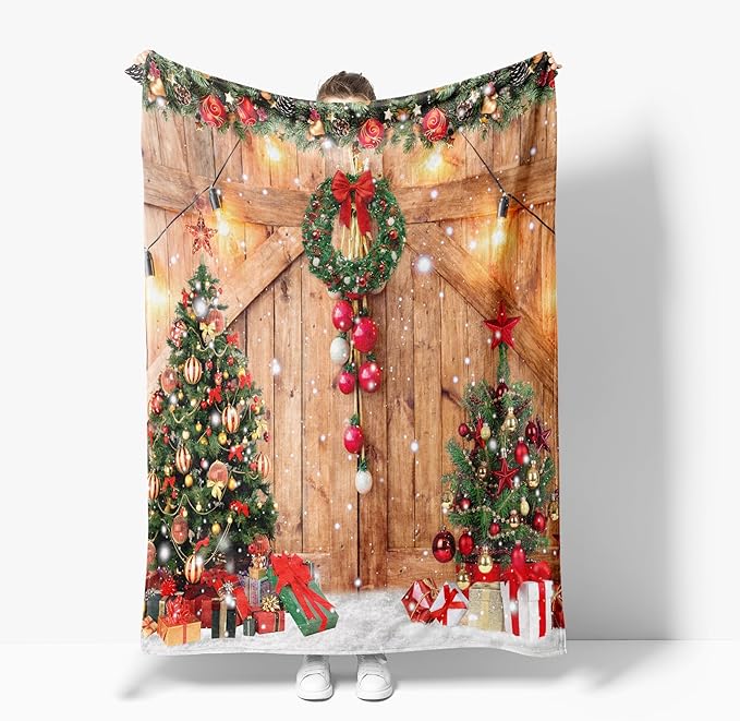 Farmhouse Christmas Throw Blanket, Wood Barn Door Winter Rustic Xmas Tree Snow Blanket for Bed Sofa Travel and Camping, Super Soft Cozy Fluffy Plush Blanket for All Seasons, 50" x 60"