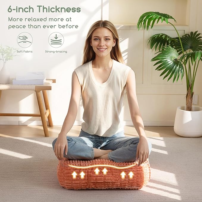 6" Washable Floor Pillow Cushion for Adults, Meditation Cushion Pillow, Removable Tufted Blended Corduroy Cover, Large Square Floor Sitting for Tatami Living Room or Yoga, 2Pack, Machine Washable